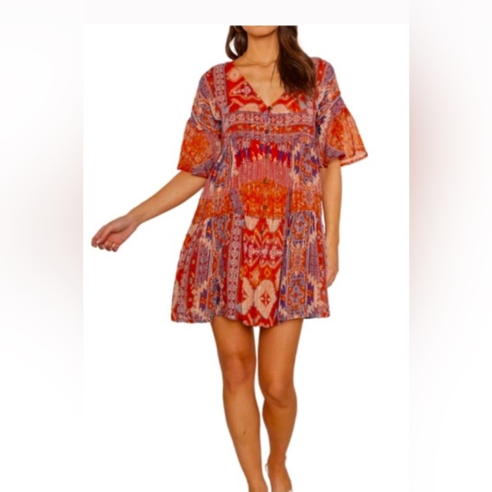 Anthropologie Raga Golden Sunset Boho Tunic Dress Size M Purple Orange Gold Mini